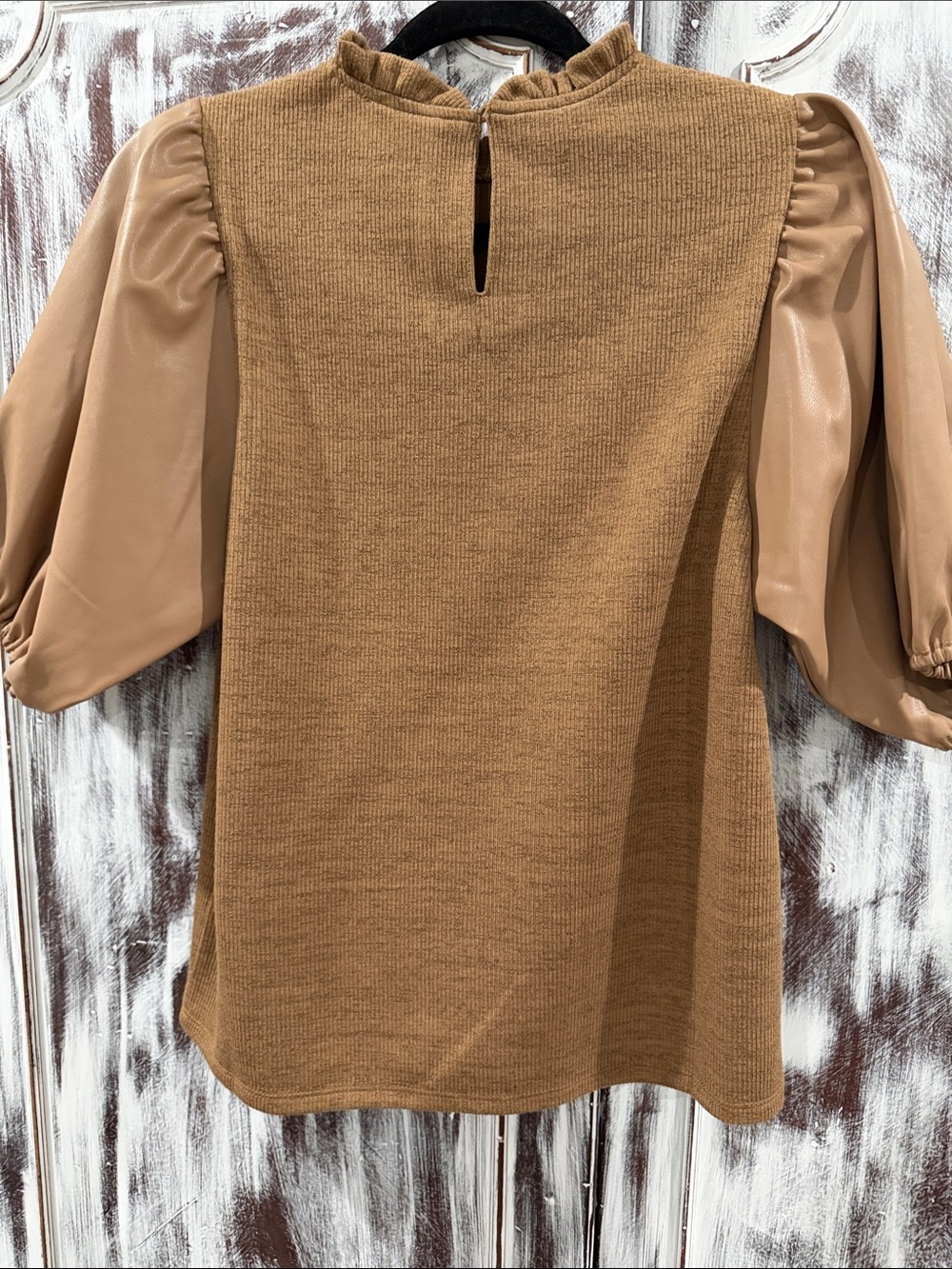 THML Camel Puff Sleeve Ruffle Neck Knit Top - Picture 4 of 4